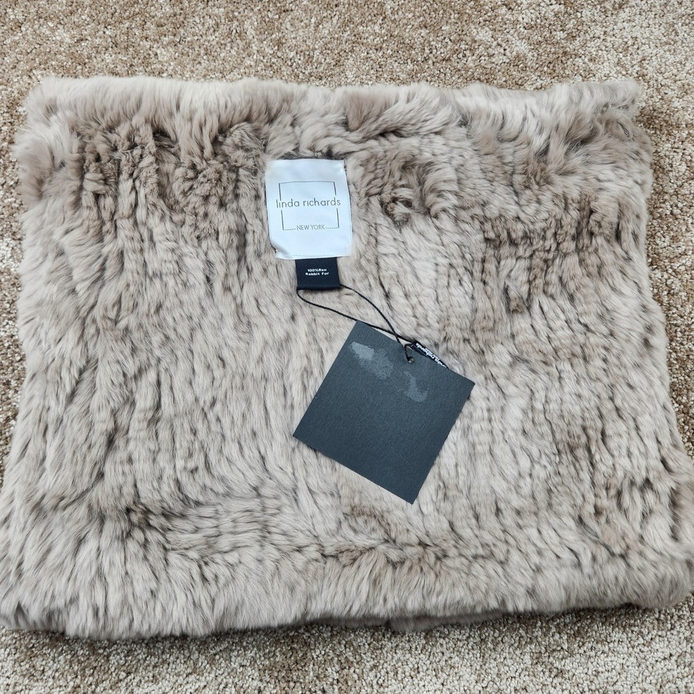 Linda Richards New York 100% Rex Rabbit Fur Infinity Scarf Taupe Beige Snood NEW